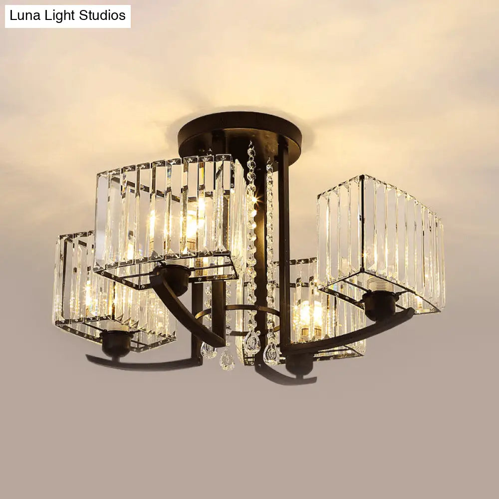 Sleek 5-Head Black Cuboid Semi Flush Ceiling Chandelier With Clear Crystal Shade - Simple Style