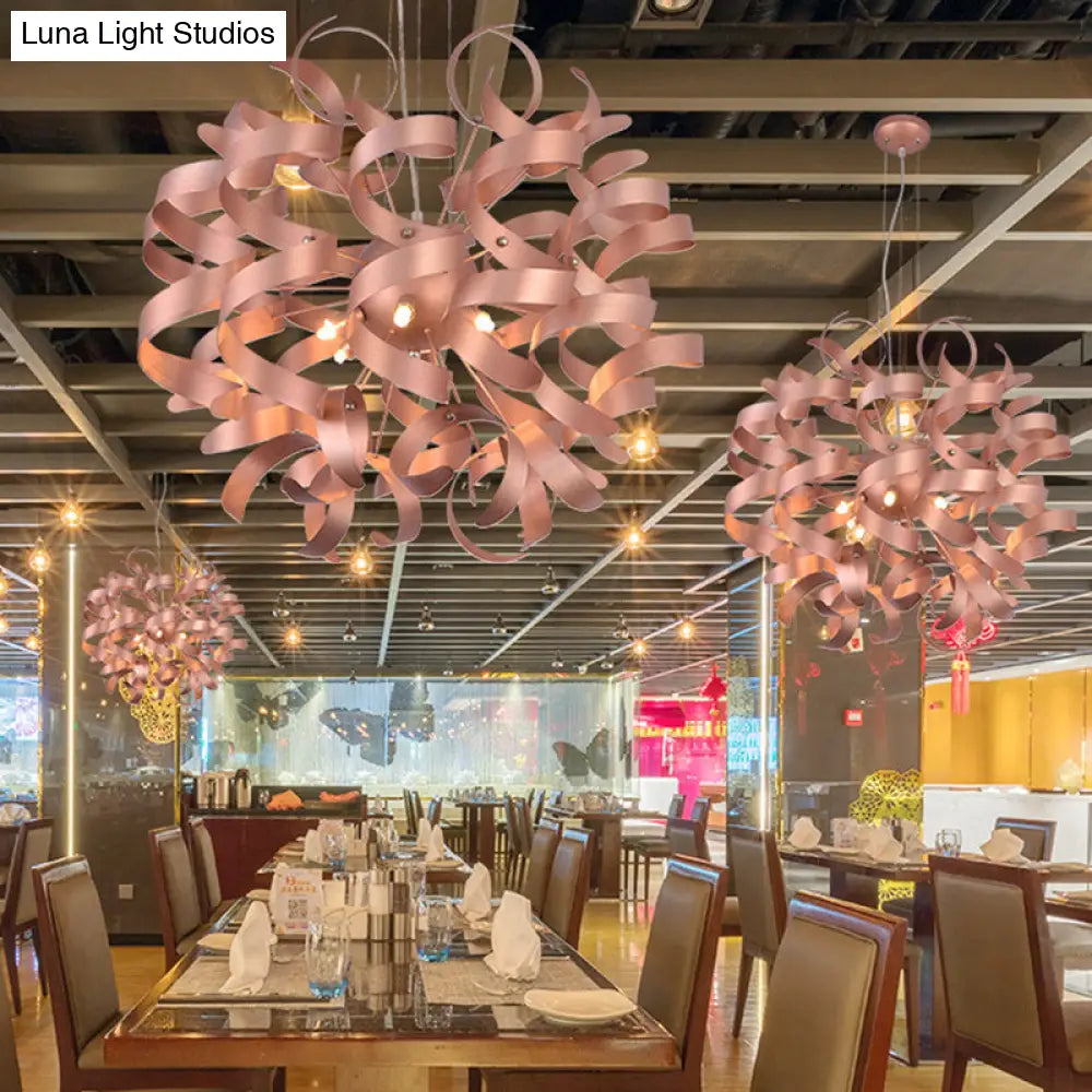 Sleek 6-Bulb Led Chandelier With Spiral Ribbon Design - Contemporary Copper Finish Restaurant