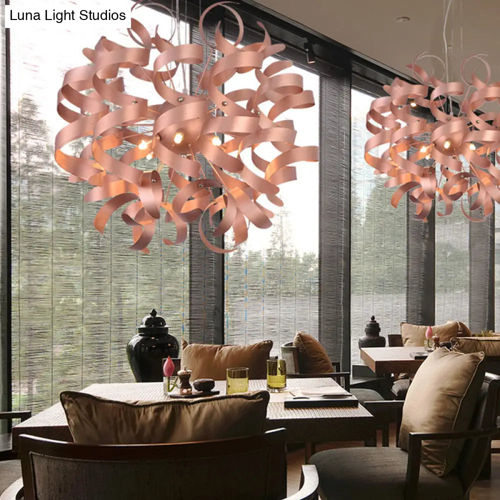 Sleek 6-Bulb Led Chandelier With Spiral Ribbon Design - Contemporary Copper Finish Restaurant