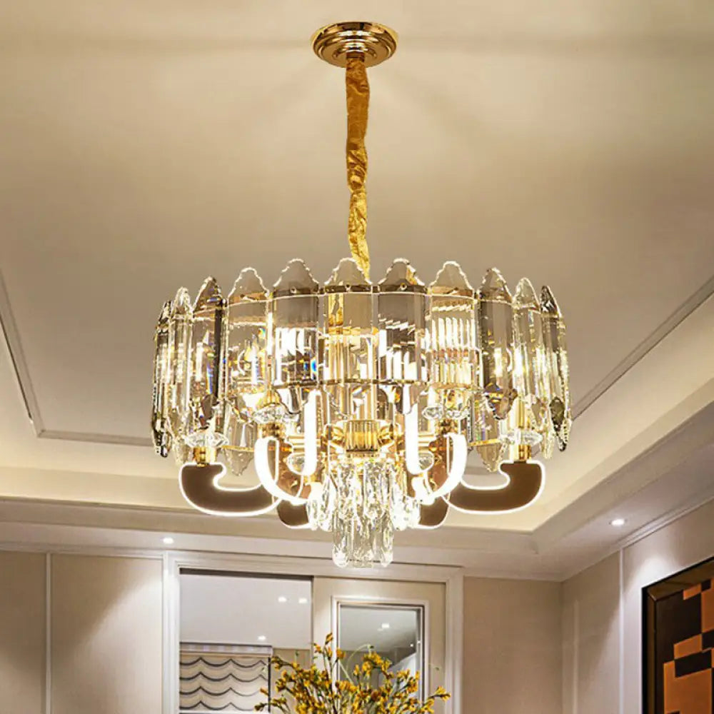 Sleek 6-Head Clear Crystal Drum Pendant Chandelier For Dining Room