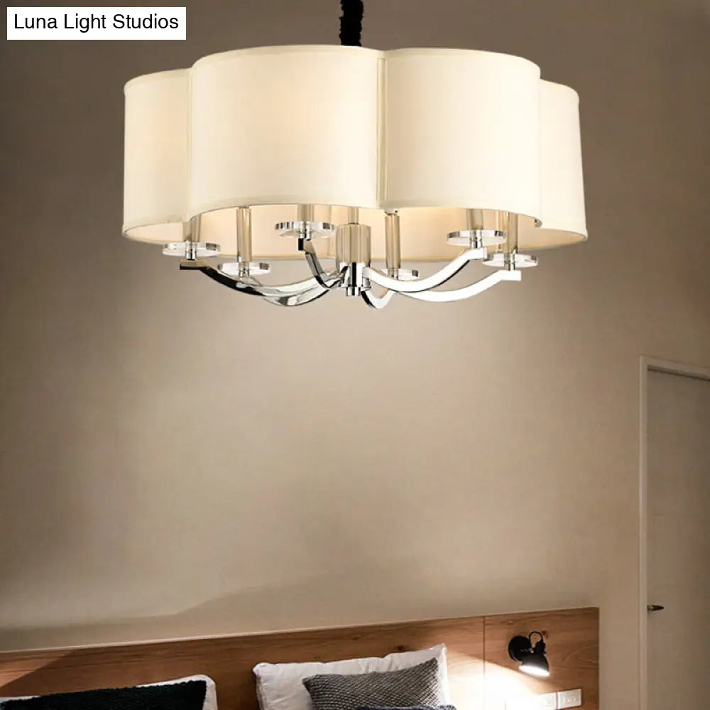 Sleek Metal Drum Bedroom Chandelier - 6 Lights With Crystal Lamp Stand And Fabric Shade