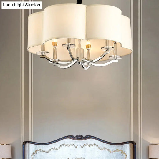 Sleek Metal Drum Bedroom Chandelier - 6 Lights With Crystal Lamp Stand And Fabric Shade White