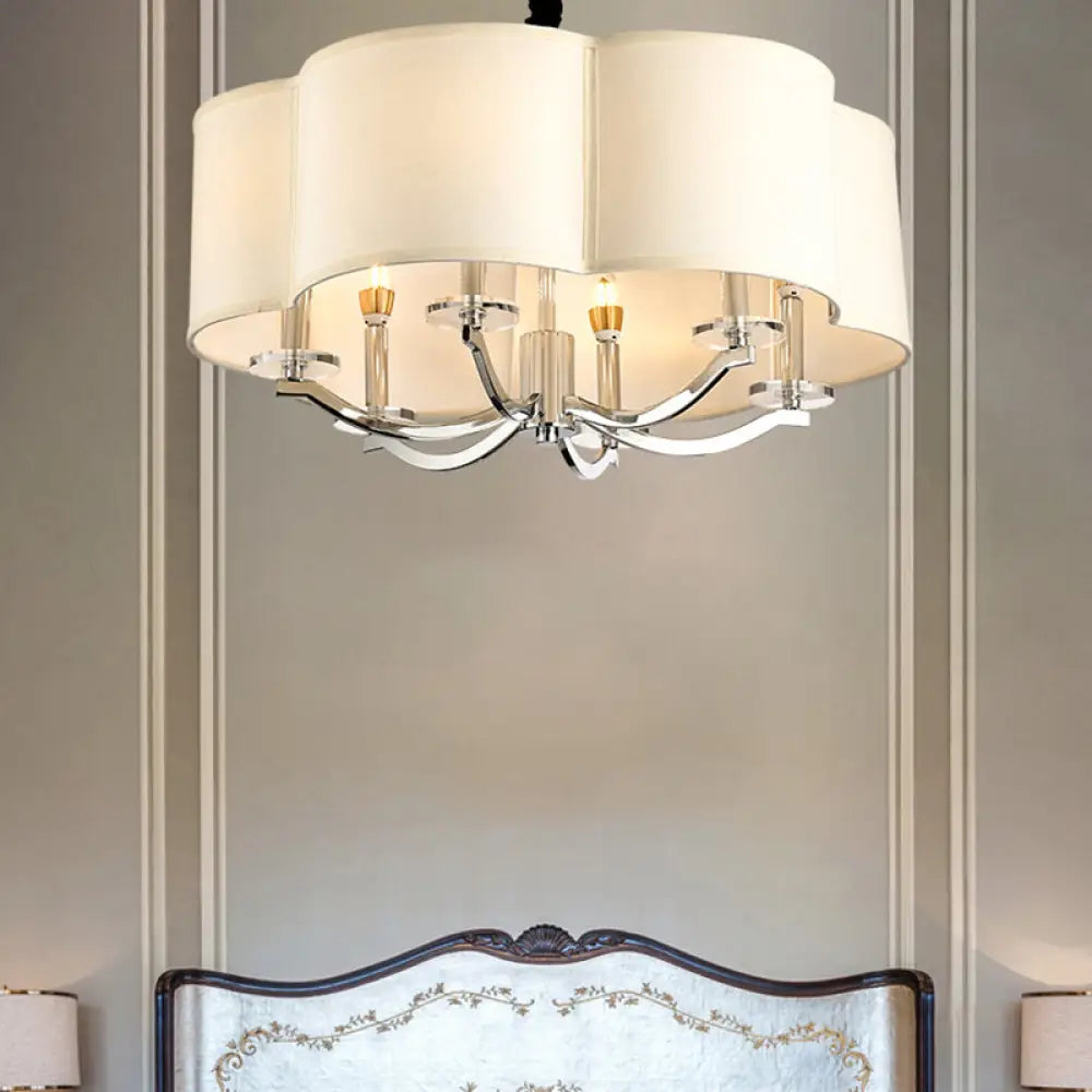 Sleek 6-Light Drum Bedroom Chandelier With Crystal Accents Metal Frame And Fabric Shade White