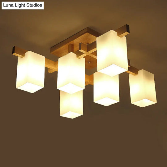 Sleek 6-Light Frosted Glass Cuboid Ceiling Light With Wood Arm
