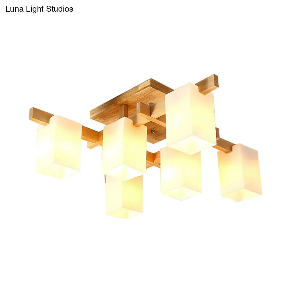 Sleek 6 - Light Frosted Glass Cuboid Ceiling Light With Wood Arm
