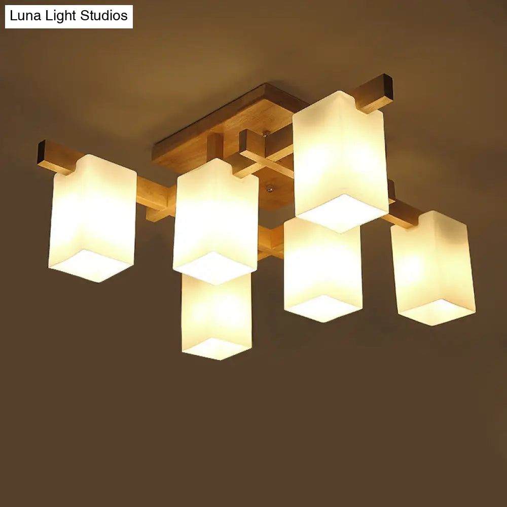 Sleek 6 - Light Frosted Glass Cuboid Ceiling Light With Wood Arm