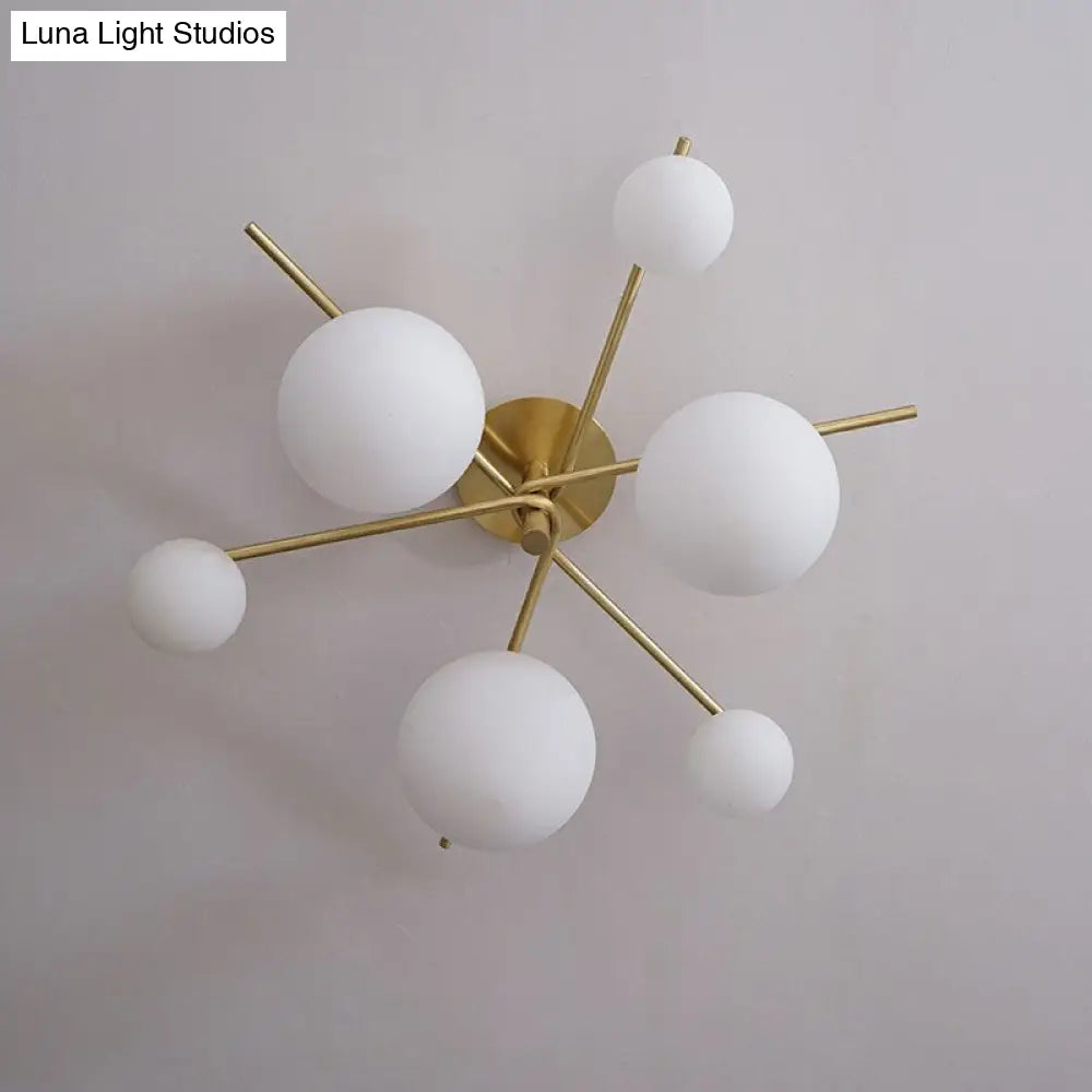 Sleek 6 - Light Gold Sputnik Semi Flush Mount Ceiling Lamp With White Glass Ball Shade