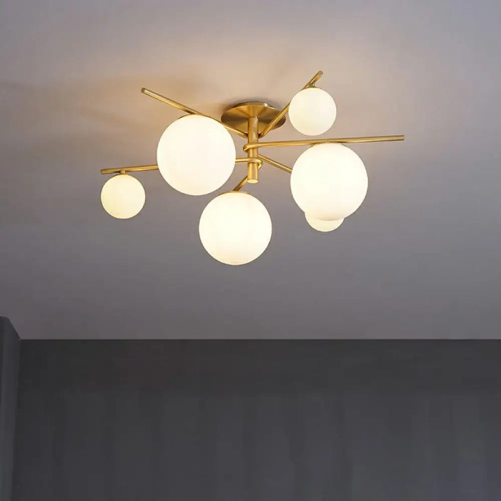 Sleek 6 - Light Gold Sputnik Semi Flush Mount Ceiling Lamp With White Glass Ball Shade