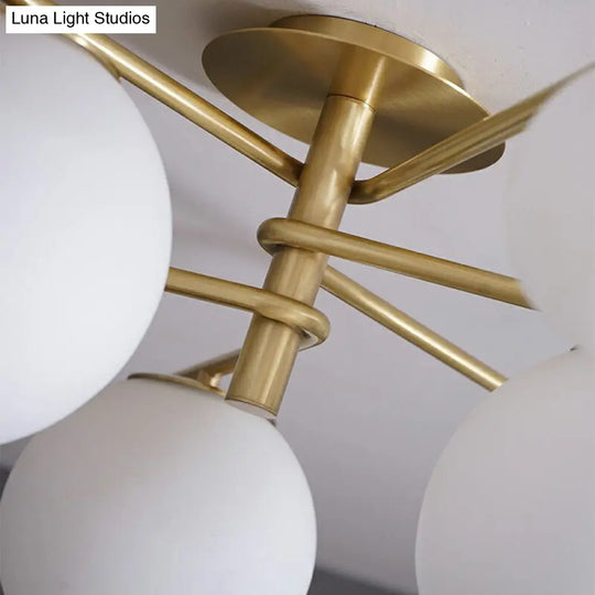 Sleek 6-Light Gold Sputnik Semi Flush Mount Ceiling Lamp With White Glass Ball Shade