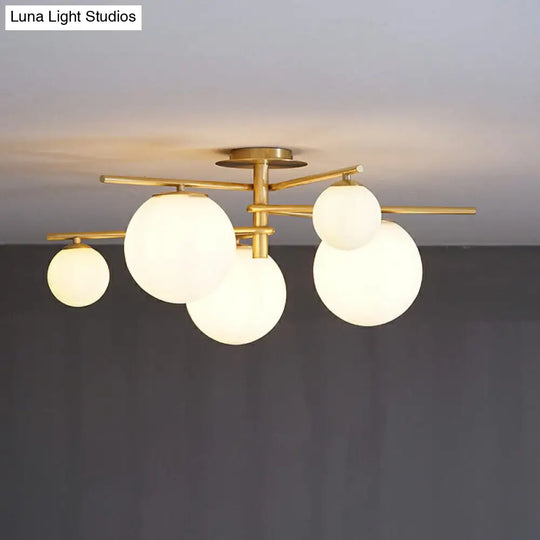 Sleek 6-Light Gold Sputnik Semi Flush Mount Ceiling Lamp With White Glass Ball Shade