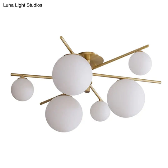 Sleek 6 - Light Gold Sputnik Semi Flush Mount Ceiling Lamp With White Glass Ball Shade