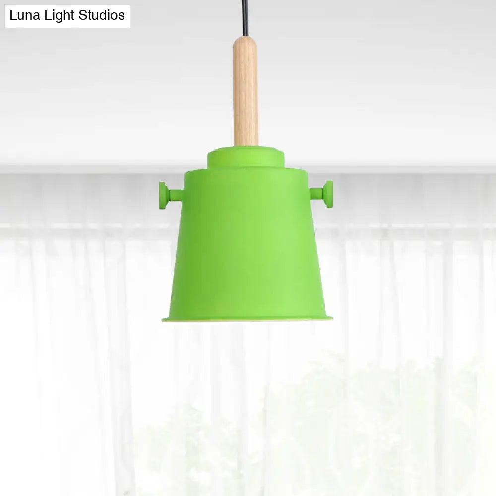 Modern Adjustable Cord Pendant Lamp - Single Light Metal Bucket Hanging In Wood