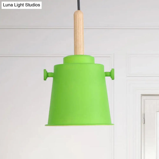 Modern Adjustable Cord Pendant Lamp - Single Light Metal Bucket Hanging In Wood Green