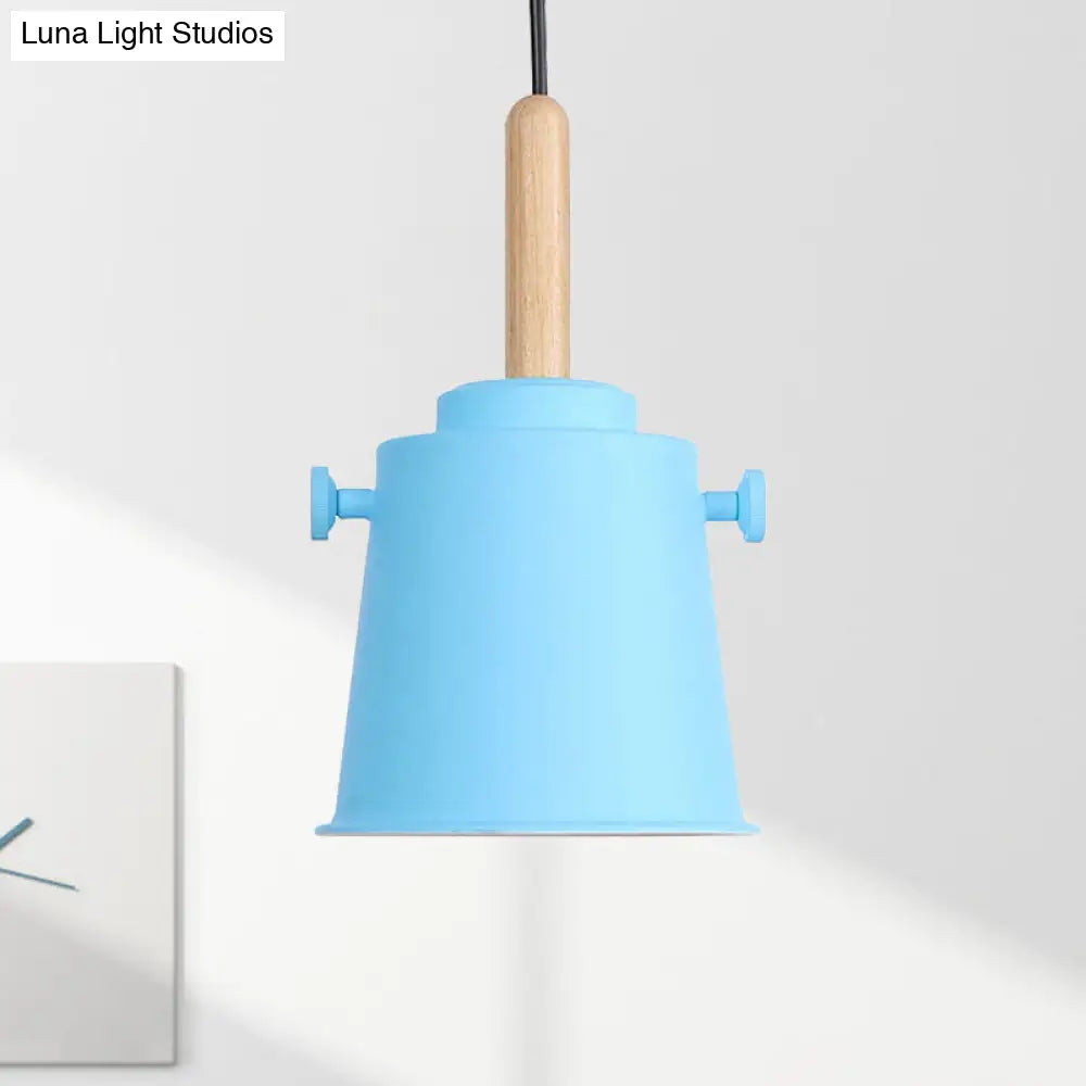 Modern Adjustable Cord Pendant Lamp - Single Light Metal Bucket Hanging In Wood Blue