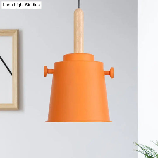 Modern Adjustable Cord Pendant Lamp - Single Light Metal Bucket Hanging In Wood Orange
