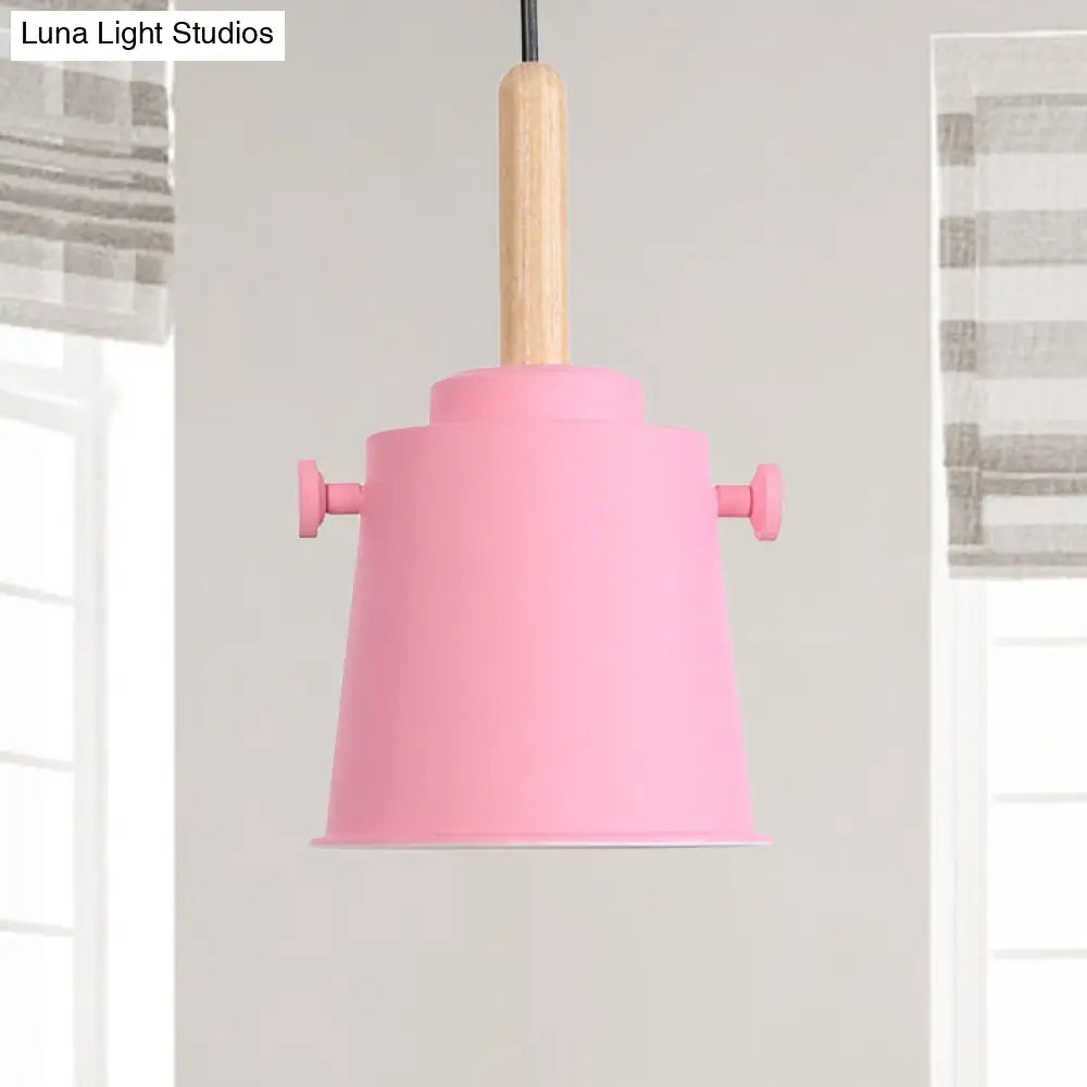 Modern Adjustable Cord Pendant Lamp - Single Light Metal Bucket Hanging In Wood Pink
