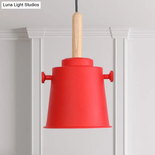 Modern Adjustable Cord Pendant Lamp - Single Light Metal Bucket Hanging In Wood Red
