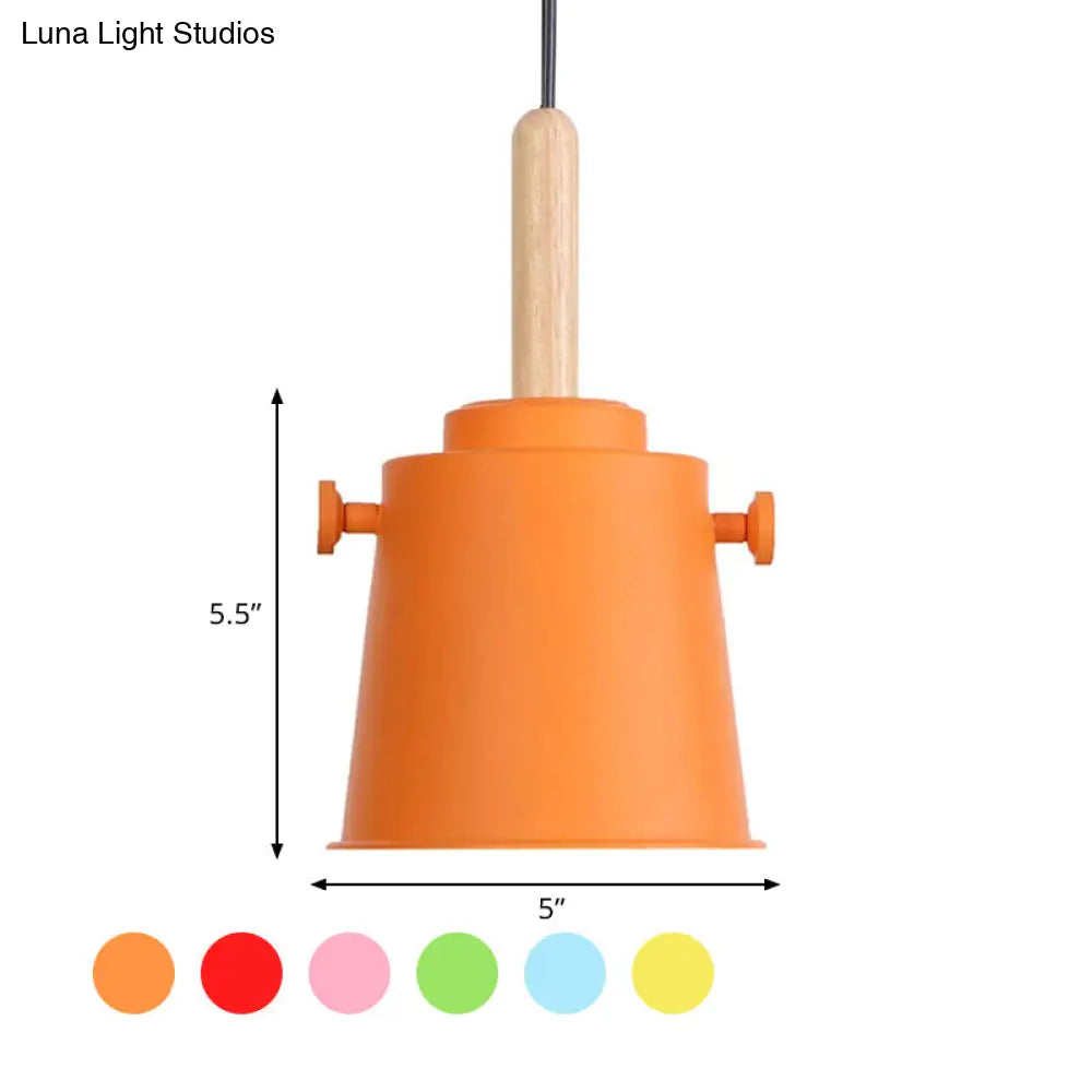 Modern Adjustable Cord Pendant Lamp - Single Light Metal Bucket Hanging In Wood