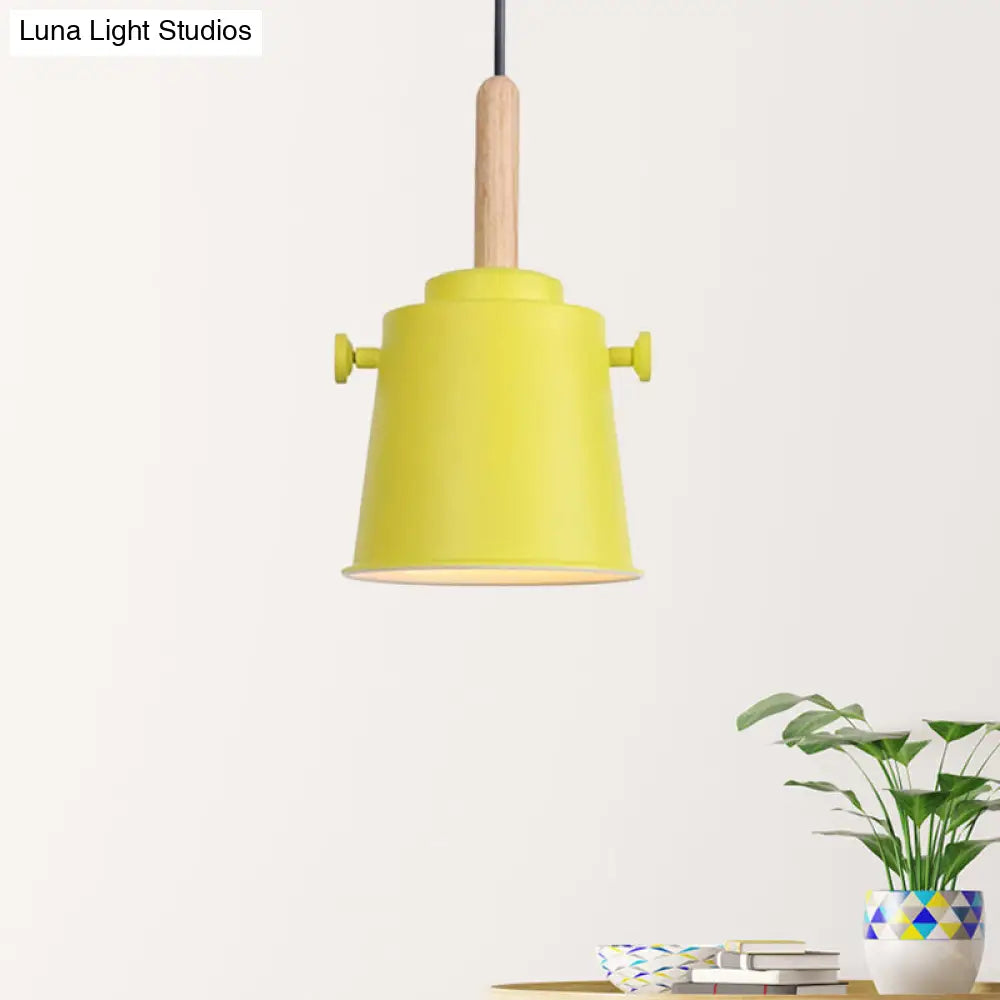 Modern Adjustable Cord Pendant Lamp - Single Light Metal Bucket Hanging In Wood Yellow
