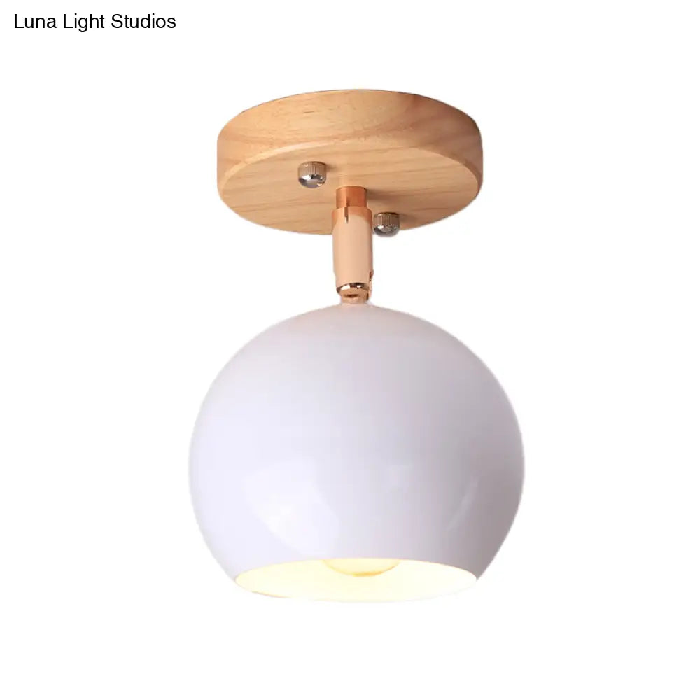 Sleek Adjustable Semi Ceiling Flush Mount With Round Wood Canopy - White/Green Ball Mounted Light