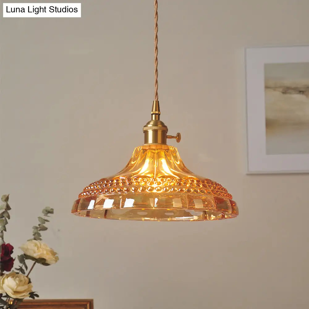 Sleek Amber Glass Pot Lid Pendant Light - Simplicity Style With 1-Bulb For Restaurants