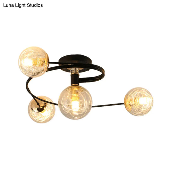 Sleek And Elegant 4-Bulb Black Semi Flush Mount Ceiling Light With Orb Shade Transparent Glass