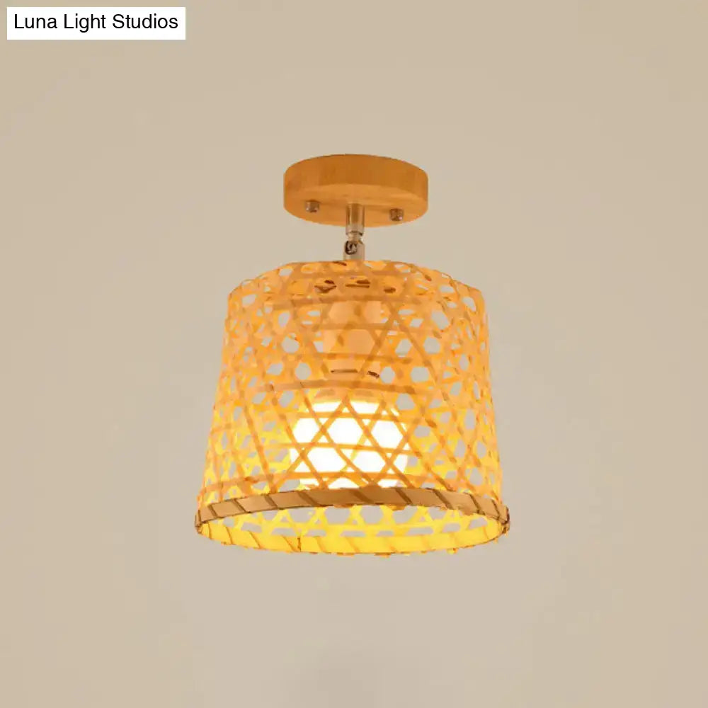 Sleek Asian Bamboo Geometric Semi Flush Mount Ceiling Light With Wood Finish