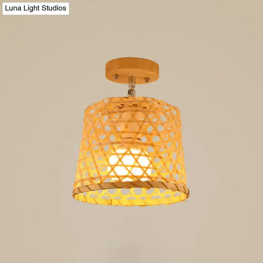 Sleek Asian Bamboo Geometric Semi Flush Mount Ceiling Light With Wood Finish