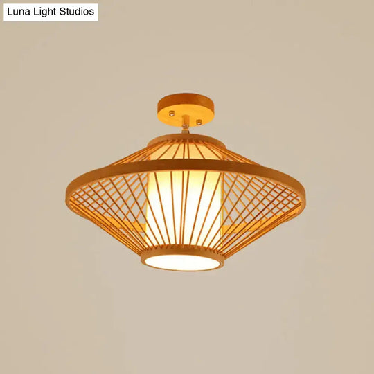 Sleek Asian Bamboo Geometric Semi Flush Mount Ceiling Light With Wood Finish