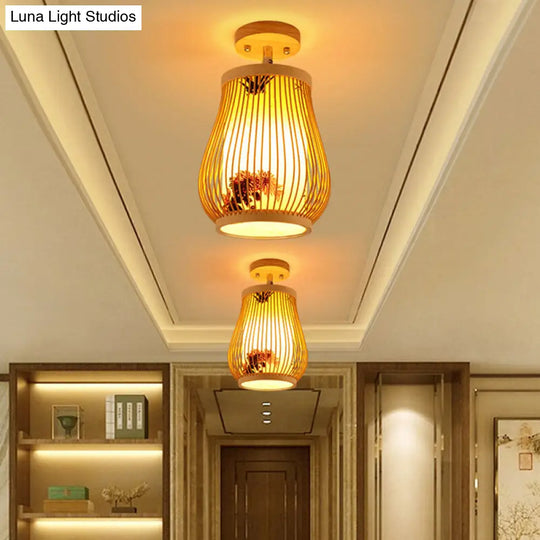 Sleek Asian Bamboo Geometric Semi Flush Mount Ceiling Light With Wood Finish / C