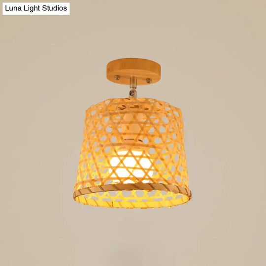 Sleek Asian Bamboo Geometric Semi Flush Mount Ceiling Light With Wood Finish / A