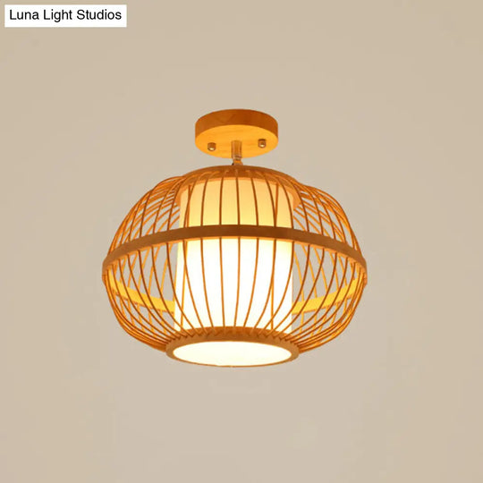 Sleek Asian Bamboo Geometric Semi Flush Mount Ceiling Light With Wood Finish / E