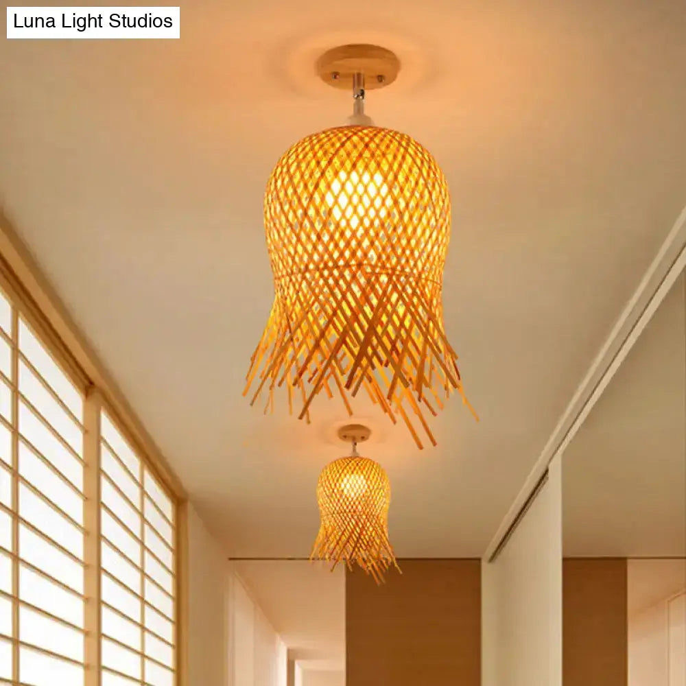 Sleek Asian Bamboo Geometric Semi Flush Mount Ceiling Light With Wood Finish