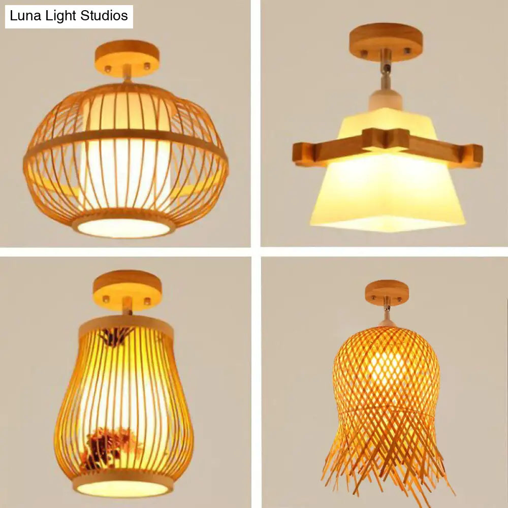 Sleek Asian Bamboo Geometric Semi Flush Mount Ceiling Light With Wood Finish