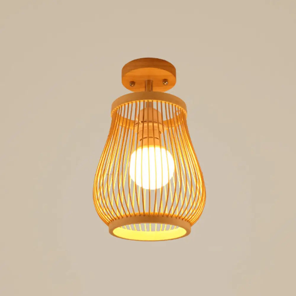 Sleek Asian Bamboo Geometric Semi Flush Mount Ceiling Light With Wood Finish / B
