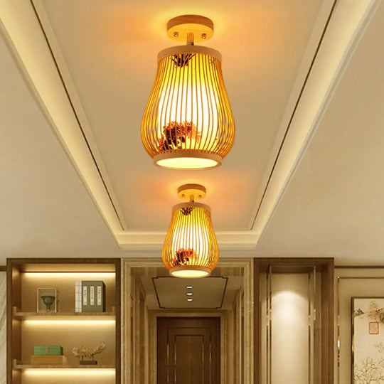 Sleek Asian Bamboo Geometric Semi Flush Mount Ceiling Light With Wood Finish / C