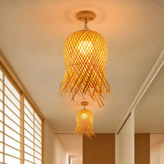 Sleek Asian Bamboo Geometric Semi Flush Mount Ceiling Light With Wood Finish / D