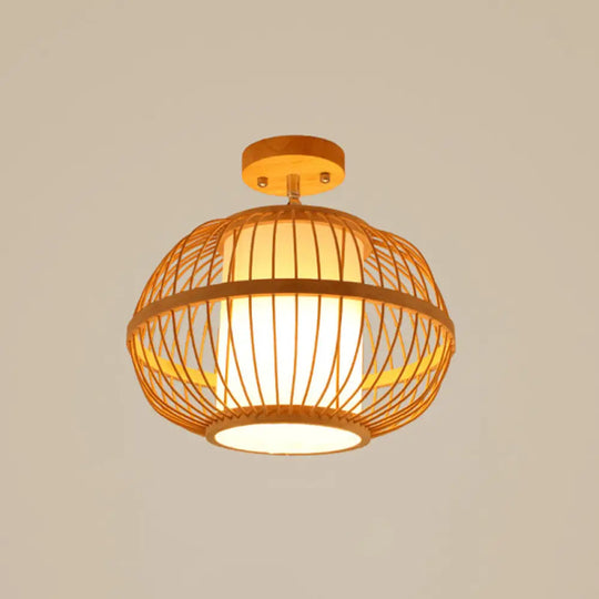 Sleek Asian Bamboo Geometric Semi Flush Mount Ceiling Light With Wood Finish / E