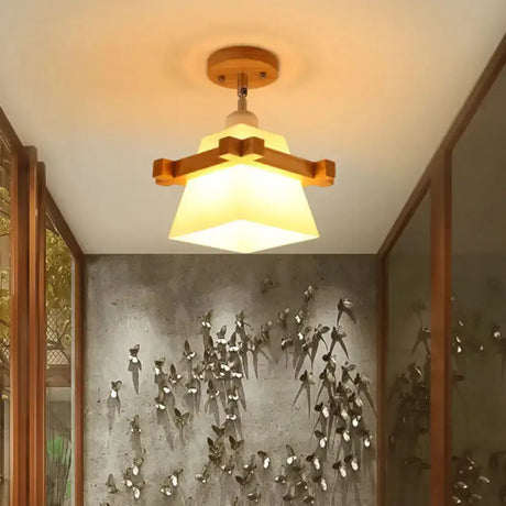 Sleek Asian Bamboo Geometric Semi Flush Mount Ceiling Light With Wood Finish / G