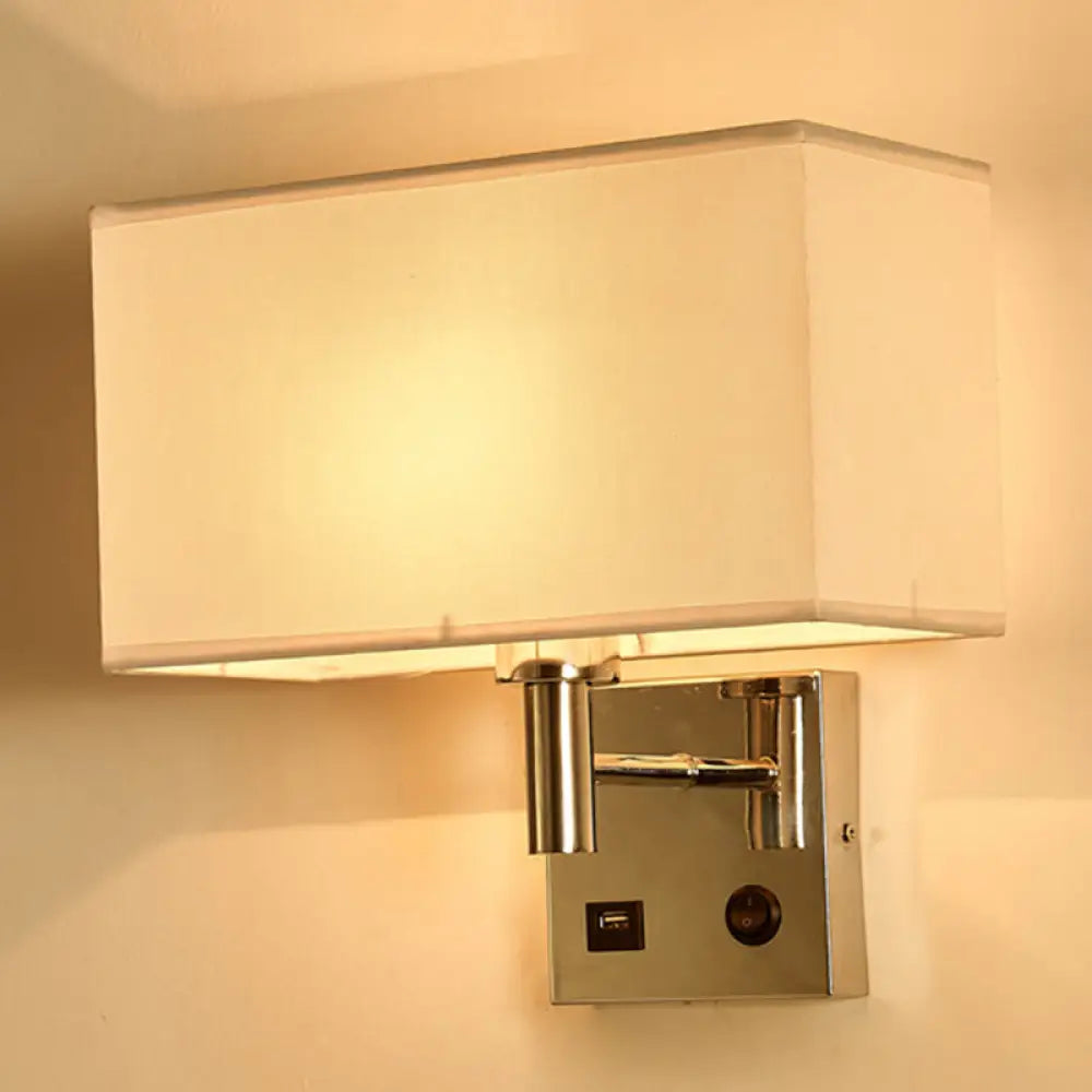 Sleek Beige/Black/White Rectangle Wall Lamp - Simplicity 1-Head Fabric Bedside Lighting White