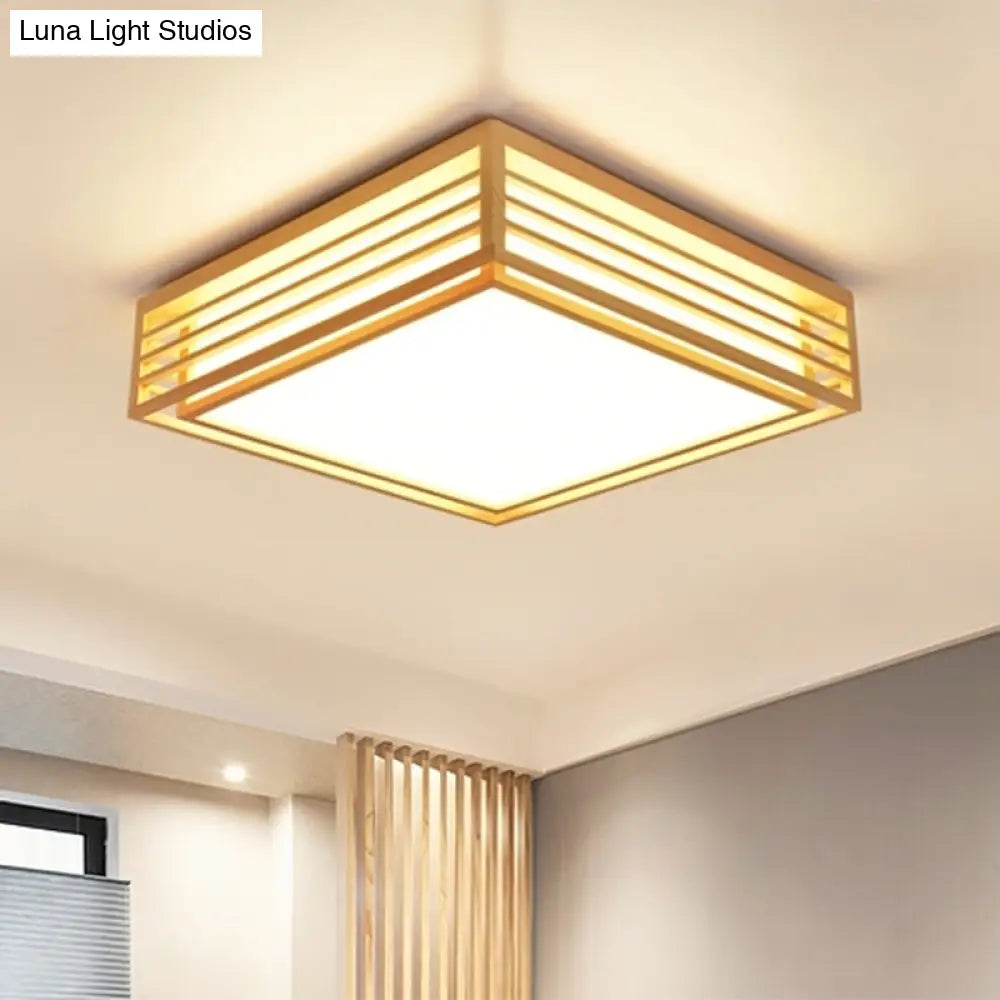 Sleek Beige Led Flush-Mount Wood Square Ceiling Light