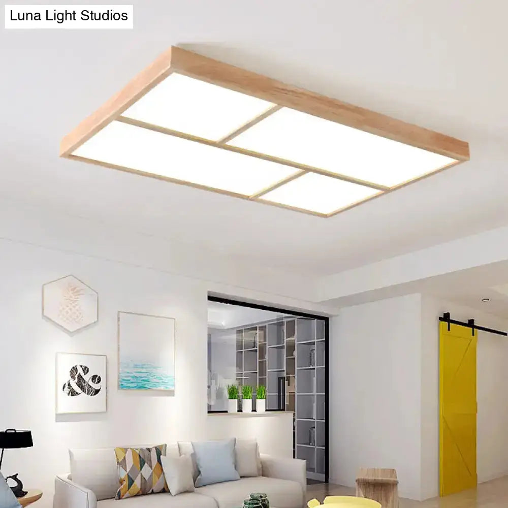 Sleek Beige Led Geometric Wood Flush Mount - Stylish Ceiling Light For Living Room