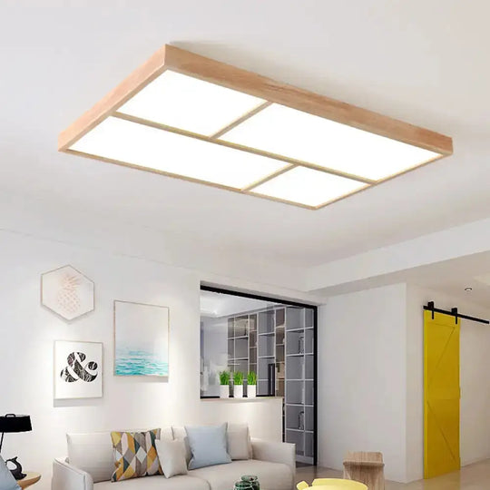 Sleek Beige Led Geometric Wood Flush Mount - Stylish Ceiling Light For Living Room / White Rectangle