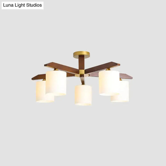 Sleek Beige Semi Mount Light Fixture With Cylinder Cream Glass Shade And Wooden Canopy