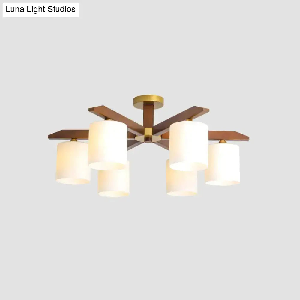 Sleek Beige Semi Mount Light Fixture With Cylinder Cream Glass Shade And Wooden Canopy