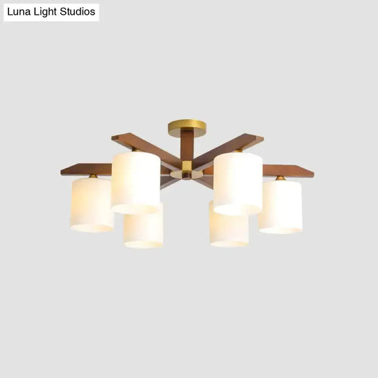 Sleek Beige Semi Mount Light Fixture With Cylinder Cream Glass Shade And Wooden Canopy