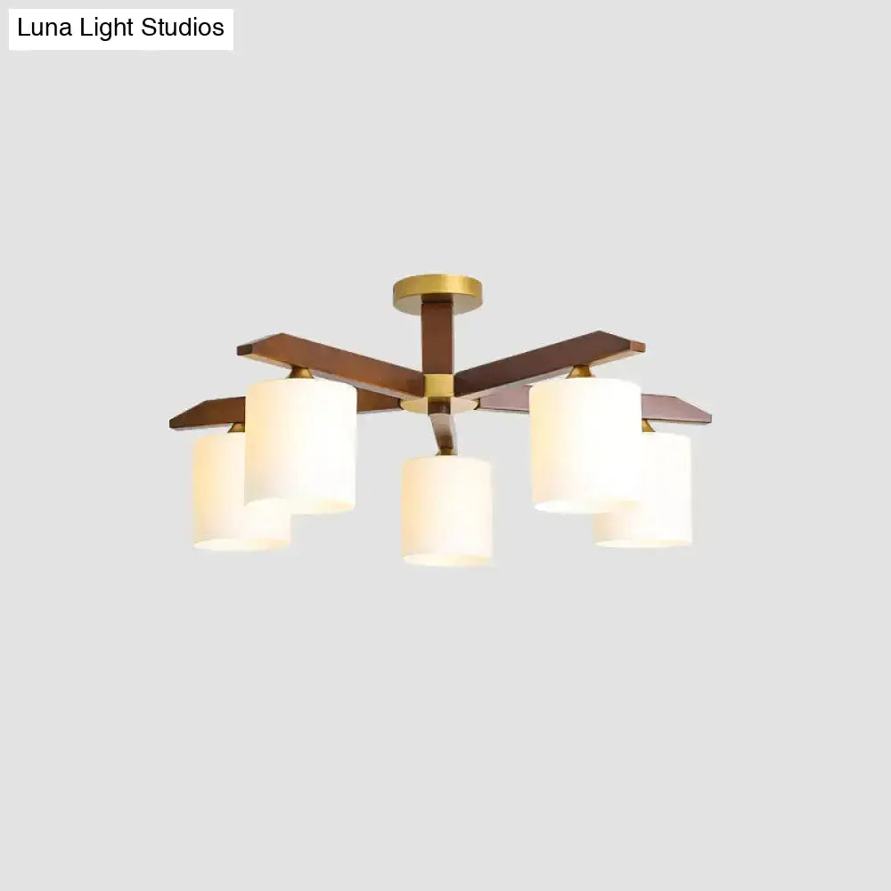 Sleek Beige Semi Mount Light Fixture With Cylinder Cream Glass Shade And Wooden Canopy