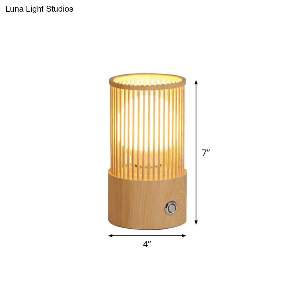 Sleek Beige Tubular Cage Desk Light: Minimalist Wood Table Lamp For Coffee Shops