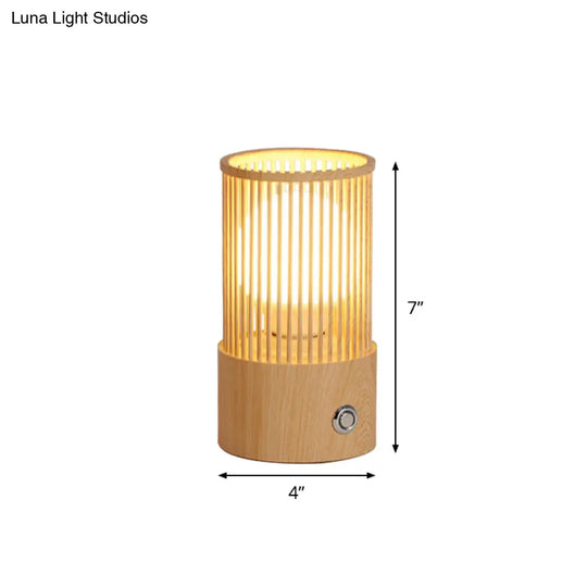 Sleek Beige Tubular Cage Desk Light: Minimalist Wood Table Lamp For Coffee Shops