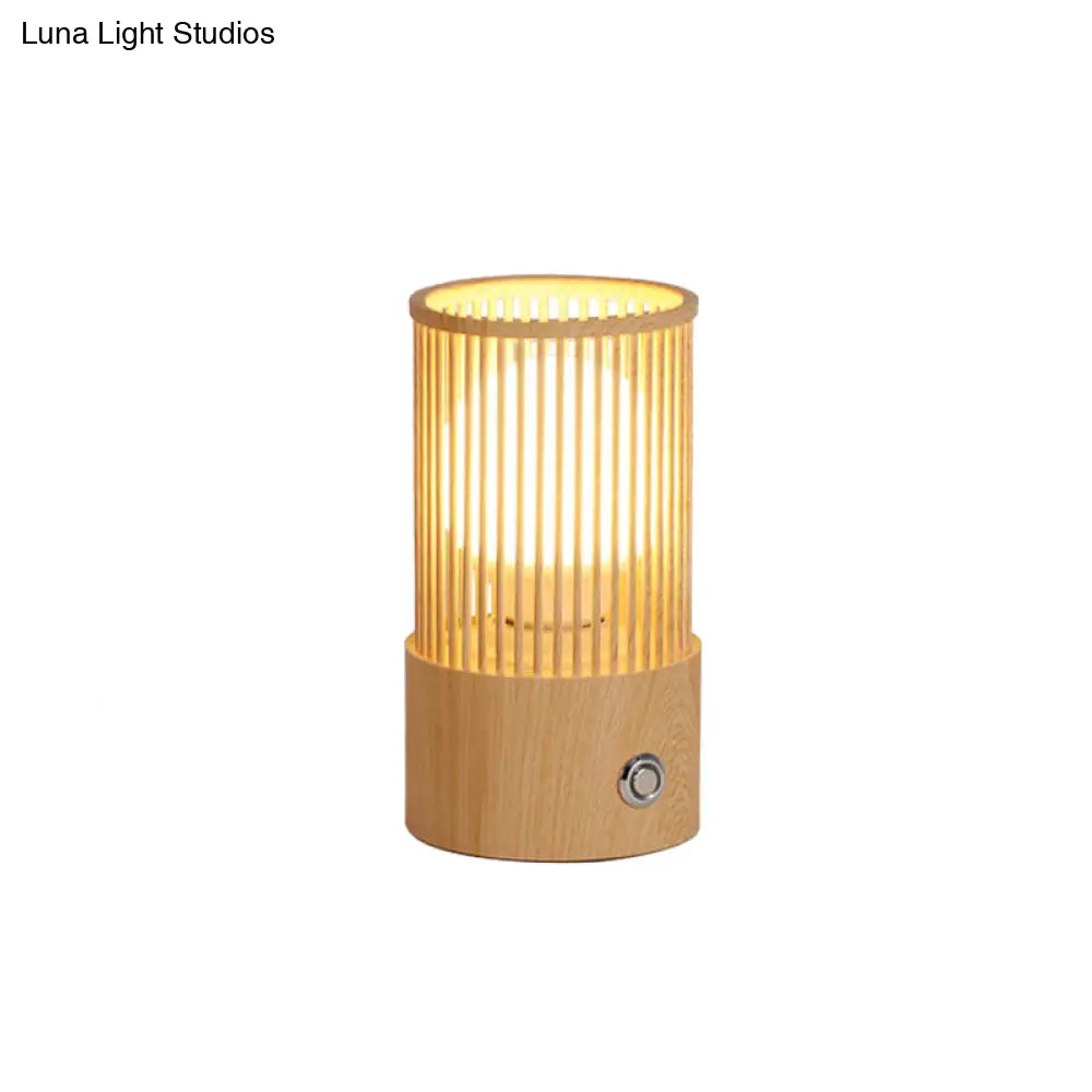 Sleek Beige Tubular Cage Desk Light: Minimalist Wood Table Lamp For Coffee Shops